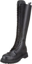 Load image into Gallery viewer, outer side view of Real black leather 1 1/4&quot; platform  20 eyelet combat biker goth steel toe Knee-high boot Full lace-up, no Zipper
