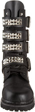 Load image into Gallery viewer, front side view of real black leather mid-calf boot, full front lace-up, no zipper, features 4 silver pyramid studded adjustable straps that cover laces
