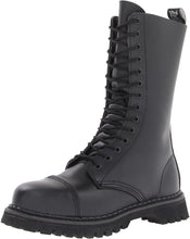 Load image into Gallery viewer, outer view of Real black leather, 1 1/4&quot; platform, 14 eyelet mid-calf combat with steel toe. Full lace-up, no zipper.
