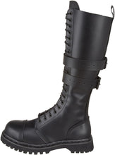 Load image into Gallery viewer, outer side view of Real black leather, 1 1/4&quot; heel knee-high steel toe boot with full inside zipper.
