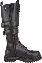Load image into Gallery viewer, inner side view of Real black leather, 1 1/4&quot; heel knee-high steel toe boot with full inside zipper.
