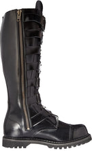 Load image into Gallery viewer, inner side view of Real black leather 1 1/2&#39;&#39; heel, 30 eyelet, knee high boot with steel toe, 7 metal plate straps on front and full inner side zipper.
