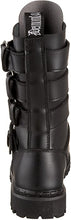 Load image into Gallery viewer, back side view of real black leather mid-calf boot, full front lace-up, no zipper, features 4 silver pyramid studded adjustable straps that cover laces
