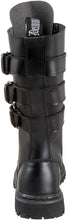 Load image into Gallery viewer, back side view of Real black leather full front lace-up, no zipper mid-calf boot features 3 adjustable straps over top of laces
