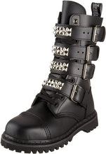 Load image into Gallery viewer, outer side view of real black leather mid-calf boot, full front lace-up, no zipper, features 4 silver pyramid studded adjustable straps that cover laces
