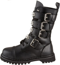 Load image into Gallery viewer, outer side view of real black leather mid-calf boot, full front lace-up, no zipper, features 4 silver pyramid studded adjustable straps that cover laces
