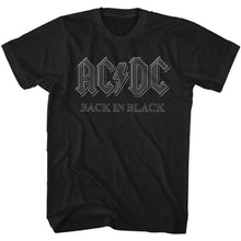 Load image into Gallery viewer, black acdc band shirt with logo and text that reads &quot;back in black&quot;
