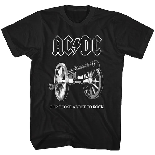 black acdc band shirt with logo and for those about to rock album cover art with text that reads 