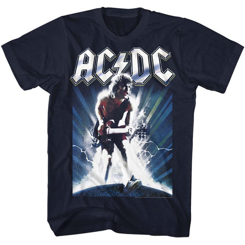 Navy blue ACDC band shirt with Angus Young playing guitar on the front.