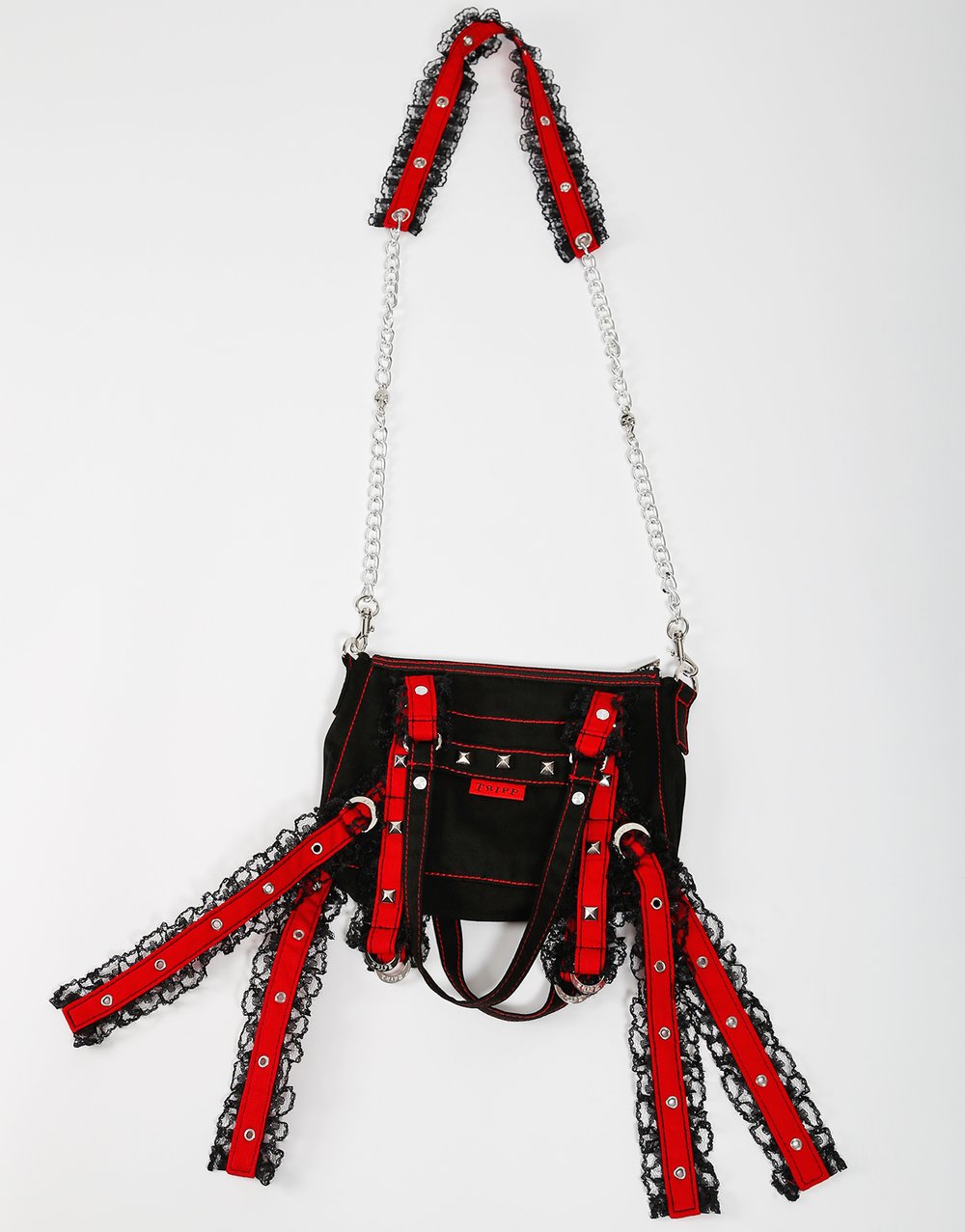 Black and red strappy bondage over the shoulder crossbody bag. Bag has removable chain crossbody strap.
