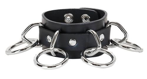 black leather bracelet with five silver d rings with five hanging silver o rings attached