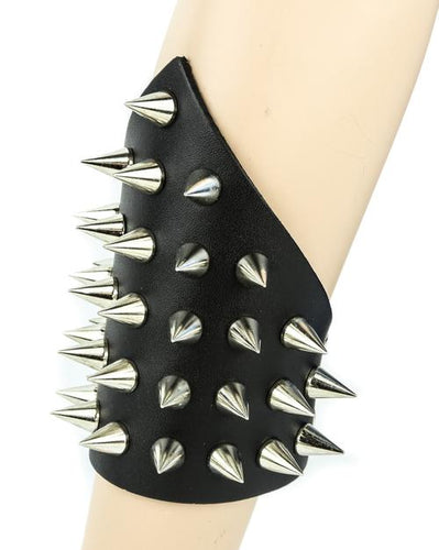 Triangular small black leather gauntlet bracelet with silver cone spikes.