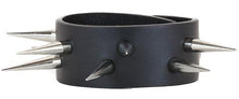 Load image into Gallery viewer, Black leather bracelet with silver long sharp needle spikes.
