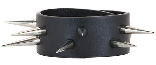 Black leather bracelet with silver long sharp needle spikes.