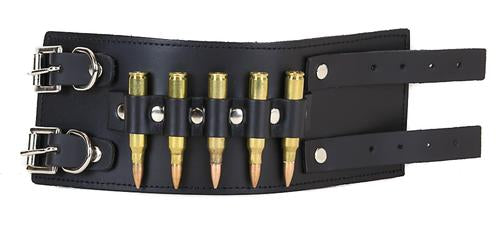 Black leather bracelet five brass bullets.