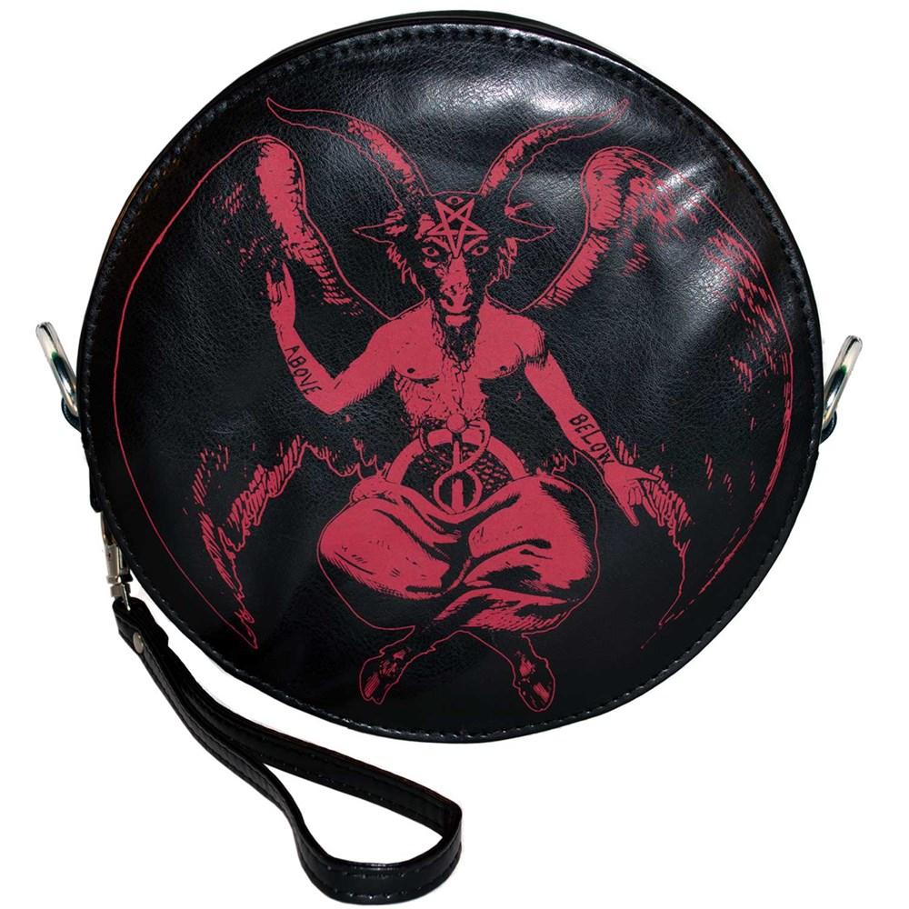 front of Round black vegan leather wristlet purse with a red baphomet print on the front and satanic symbols printed on the back. 