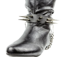 Load image into Gallery viewer, black boot displaying black boot strap  that has two rows of multiple silver sharp pointy spike studs and hanging silver chain 
