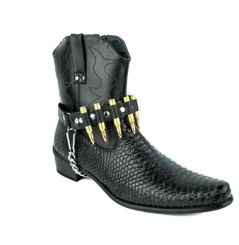 cowboy boot pictured with .223 brass bullet bootstrap with chain underneath