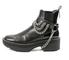 Load image into Gallery viewer, ankle boot displaying black leather boot strap with front hanging three row silver chains and hanging silver chain underneath booth
