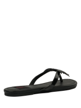 Load image into Gallery viewer, side of Black flat sandal with vegan leather patent bat on top.  Vegan leather with black rubber outsole.
