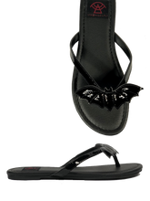 Load image into Gallery viewer, Black flat sandal with vegan leather patent bat on top.  Vegan leather with black rubber outsole.
