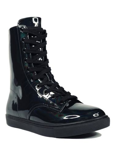 Women's black shiny hologram shoe with black cotton laces. Inner side of shoe has slots for cards (credit cards, ID, etc.) Rubber outsole.