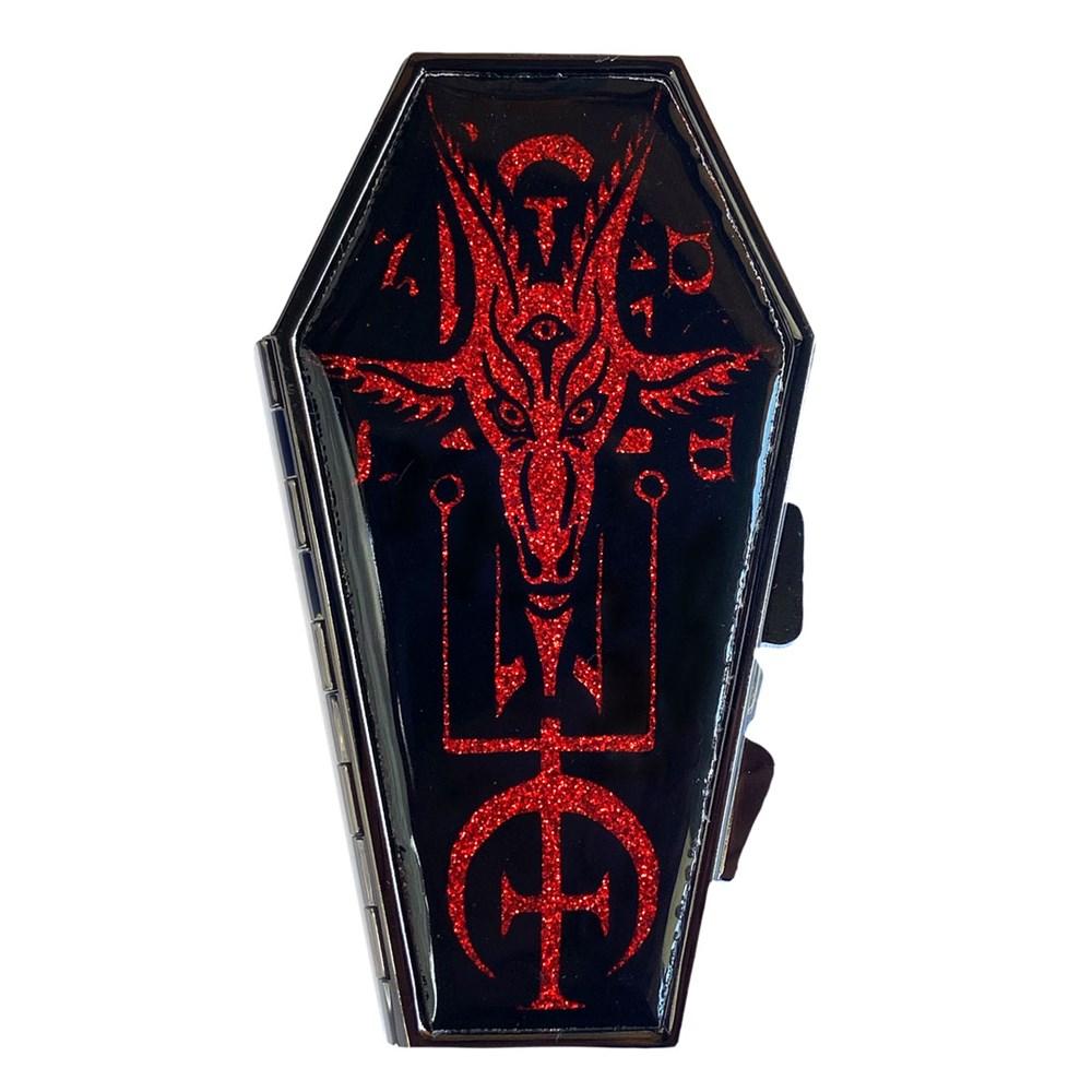 Black and red glitter Baphomet coffin compact coffin shaped compact mirror with 2 regular mirrors inside.