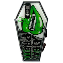 Load image into Gallery viewer, Black and green coffin shaped compact mirror with 2 regular mirrors inside. Design has a picture of a mouth with green lips, vampire teeth and text that reads &quot;DEAD PRETTY.&quot;
