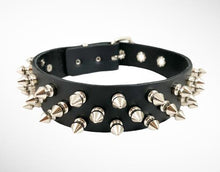 Load image into Gallery viewer, Black leather collar with three rows of silver 1/2&quot; tree spikes.
