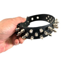 Load image into Gallery viewer, Black leather collar with three rows of silver 1/2&quot; tree spikes.
