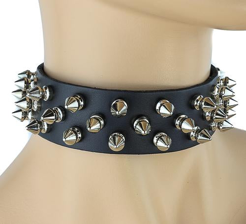 Black leather collar with three rows of silver 1/2