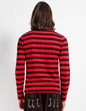 Load image into Gallery viewer, back of Soft cotton black and red striped shirt, with a classic crew neck.

