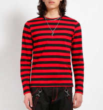 Load image into Gallery viewer, front of Soft cotton black and red striped shirt, with a classic crew neck.
