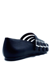 Load image into Gallery viewer, back of Black pointed toe shoe with four straps over the top with silver buckle details. Shoes are 100% vegan with a rubber outsole.
