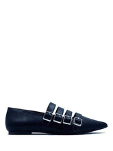 Load image into Gallery viewer, side of Black pointed toe shoe with four straps over the top with silver buckle details. Shoes are 100% vegan with a rubber outsole.
