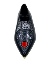 Load image into Gallery viewer, top of Black flats with pointy toe. Top of flats have silver Ouija board planchette print with red center. Inside sole of shoe is a black and white spiderweb-like pentagram print.
