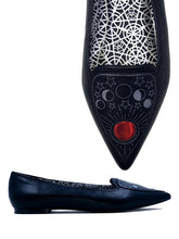 Load image into Gallery viewer, Black flats with pointy toe. Top of flats have silver Ouija board planchette print with red center. Inside sole of shoe is a black and white spiderweb-like pentagram print.
