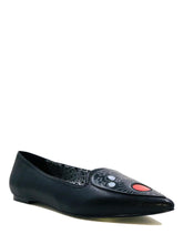 Load image into Gallery viewer, side of Black flats with pointy toe. Top of flats have silver Ouija board planchette print with red center. Inside sole of shoe is a black and white spiderweb-like pentagram print.
