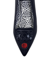 Load image into Gallery viewer, top of Black flats with pointy toe. Top of flats have silver Ouija board planchette print with red center. Inside sole of shoe is a black and white spiderweb-like pentagram print.

