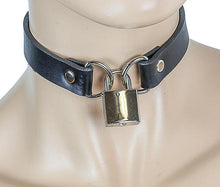 Load image into Gallery viewer, mannequin displaying black leather collar with D ring small silver lock closure on front center
