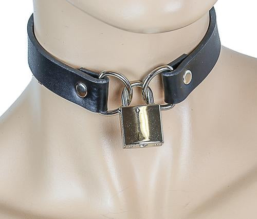 mannequin displaying black leather collar with D ring small silver lock closure on front center