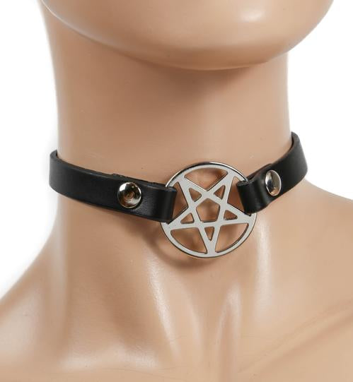 mannequin displaying thin black leather collar with silver inverted pentagram pendant in the front middle