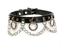 Load image into Gallery viewer, Black leather collar with silver hanging O rings and silver hanging chain.
