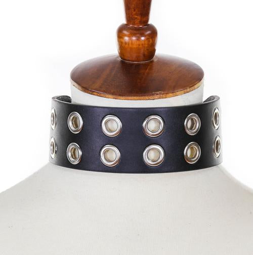 black leather collar with two rows of multiple silver grommet eyelet holes