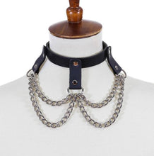 Load image into Gallery viewer, Black leather collar three hanging leather straps with silver D rings attached with two rows of silver chains hanging from the D rings.
