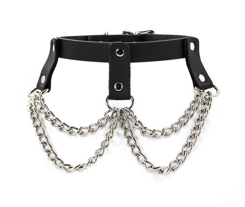 Black leather collar three hanging leather straps with silver D rings attached with two rows of silver chains hanging from the D rings.