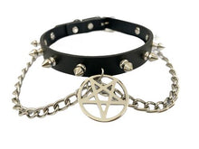 Load image into Gallery viewer, Black leather collar with 1/2&quot; silver spikes, silver chain detail, and 2&quot; silver inverted pentagram hanging from front center.
