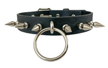 Load image into Gallery viewer, Black leather collar with 1&quot; silver spikes and 2&quot; O ring hanging from the center.

