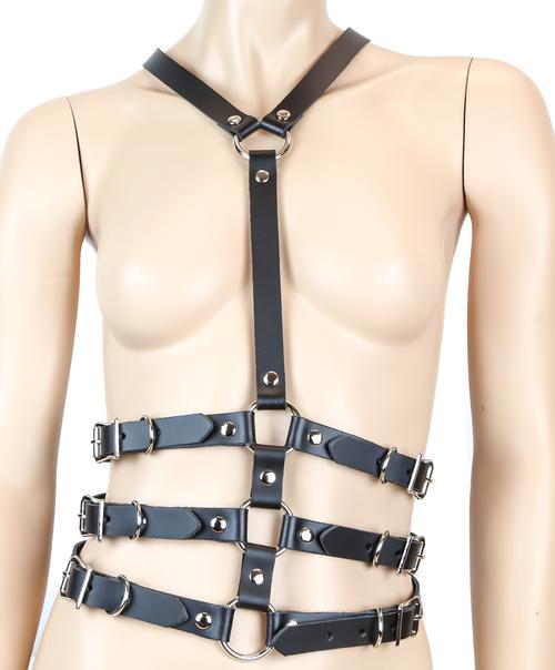 mannequin displaying front of black leather y shaped body harness. shows three adjustable buckles on each side of torso and silver o ring details
