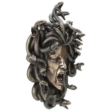 Load image into Gallery viewer, side view of Bronze painted Medusa snake head with open mouth
